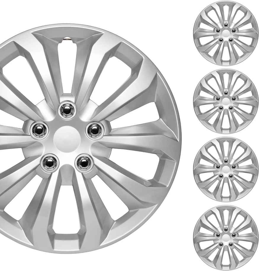 BDK 16 Inch Silver Hubcaps Wheel Covers for Cars - Replacement Snap-On Hubcaps for Toyota Camry Corolla Style - Automotive 4-Pack